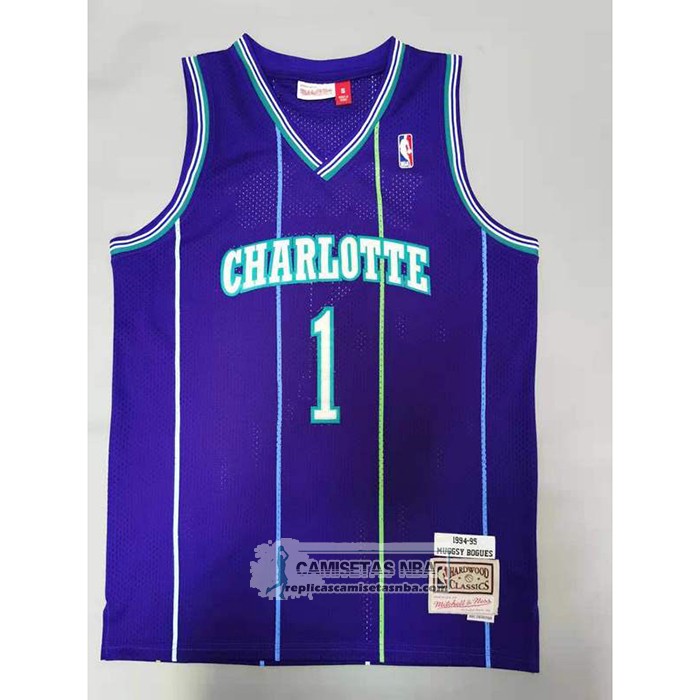 Camiseta Charlotte Hornets Muggsy Bogues NO 1 Mitchell & Ness 1994-95 Violeta